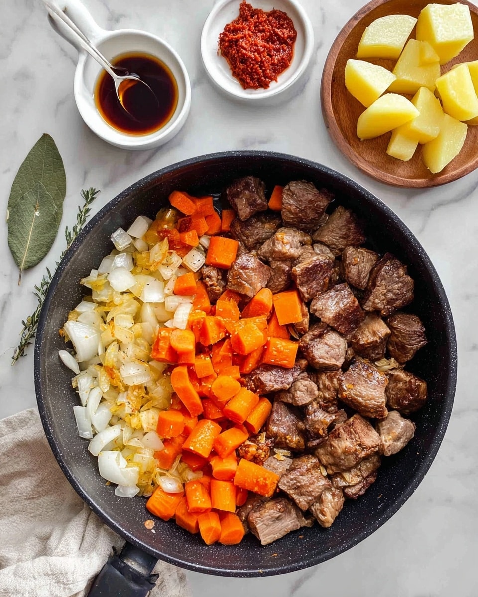 A black pan filled with three layers: the bottom layer has chopped white onions, the middle layer shows large bright orange carrot slices, and the top layer is made of browned chunks of meat with a slightly crispy texture, all mixed together. Next to the pan on a white marbled surface are a white spoon with dark brown sauce, a white bowl with red paste, a small sprig of green herb, a bay leaf, and a wooden dish holding peeled, cut yellow potatoes. A white cloth is partially visible at the bottom left corner. photo taken with an iphone --ar 4:5 --v 7