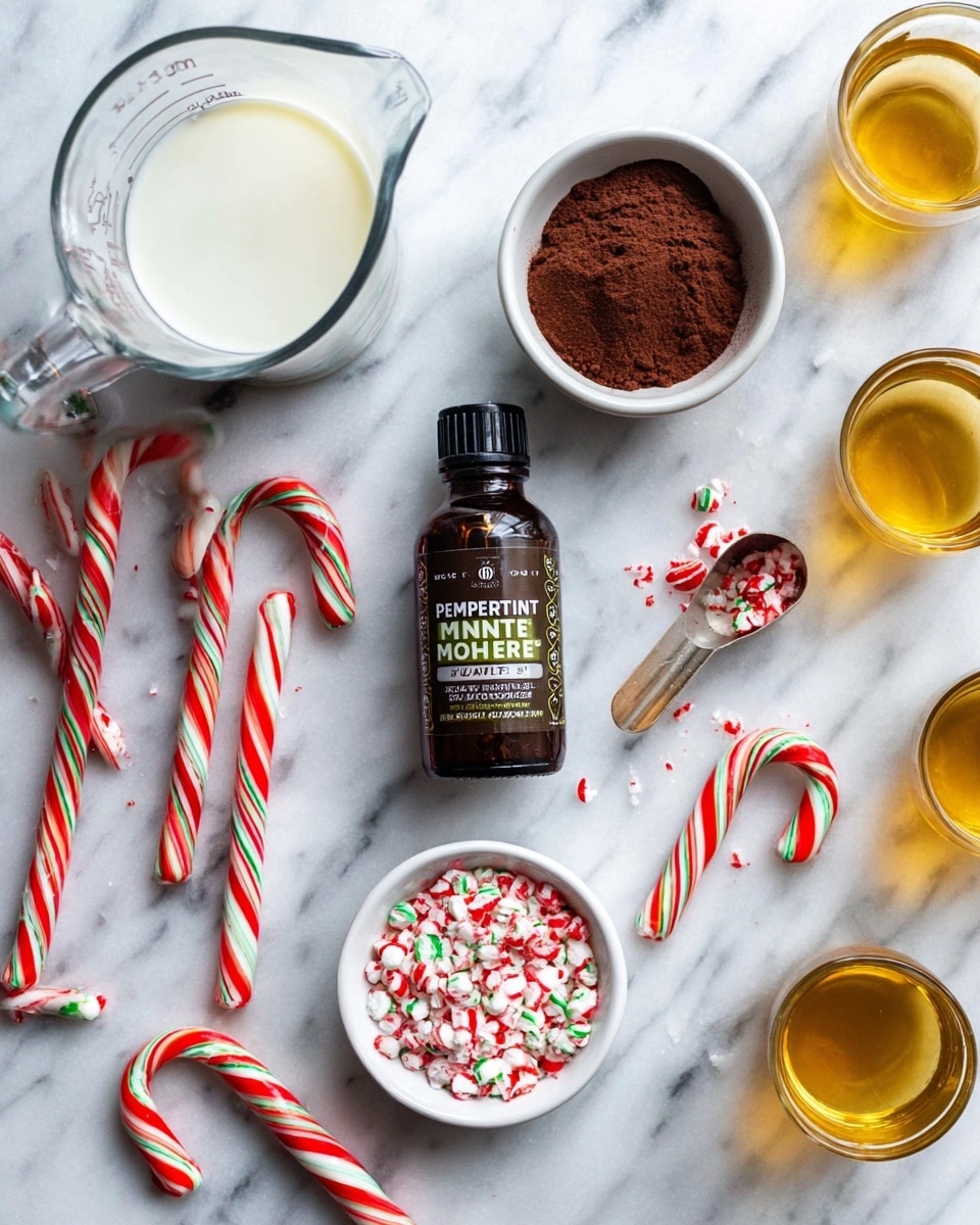 A white mug is filled with a dark brown hot chocolate base as the first layer, topped with a thick layer of white whipped cream that is uneven and fluffy. Over the whipped cream, there is a generous sprinkle of crushed red, green, and white peppermint candy pieces scattered across the surface. The mug sits on a white marbled surface with parts of coffee beans and candy canes visible around it, creating a festive look. Photo taken with an iphone --ar 4:5 --v 7