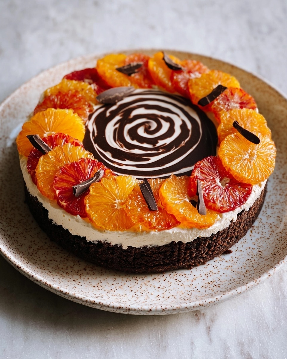 A square chocolate dessert with three main layers sits on a white speckled plate over a white marbled background. The bottom layer is a crumbly dark brown crust, the middle layer is a smooth, creamy milk chocolate filling, and the top layer is thick white cream swirled with dark chocolate sauce. Two thin round slices of citrus fruit, one orange and one red, rest on top of the cream. A silver fork holds a small piece of the dessert, showing all three layers clearly with cream and chocolate sauce on top. Photo taken with an iphone --ar 4:5 --v 7