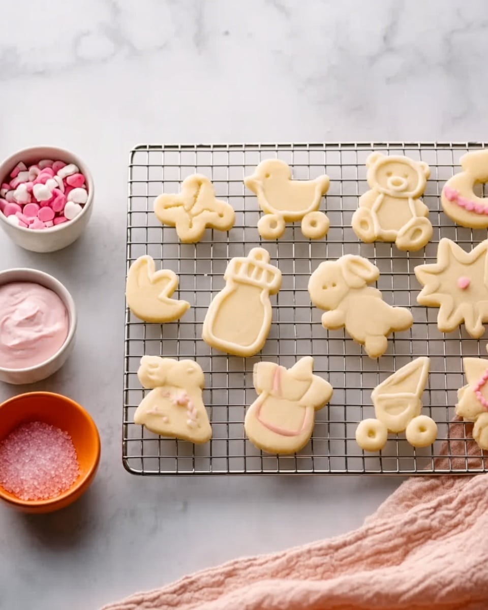 A cooling rack holds twelve unbaked sugar cookies shaped like a baby bottle, a bird, a baby rattle, a teddy bear, a pacifier, a duck, a rubber duck, a baby stroller, a baby onesie, a baby hat, a bunny, and another bird. The cookies are pale yellow with a smooth dough texture. Nearby are a small white bowl filled with pink and white candy pieces, a small bowl with light pink frosting, and an orange bowl filled with coarse pink sugar crystals. The background is a white marbled surface and a soft, light pink cloth is partially visible. photo taken with an iphone --ar 4:5 --v 7
