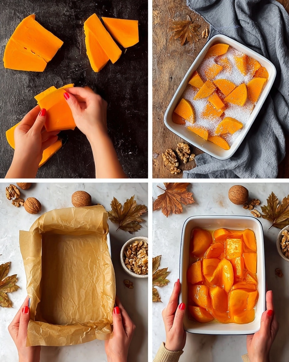 The image shows a sequence of preparing a pumpkin dish in four parts. The first part on the top left shows several thick orange pumpkin pieces with smooth texture spread on a dark surface, and a woman's hand holding one pumpkin piece with red nail polish. The upper right part shows a white baking dish filled with pumpkin pieces layered with white granulated sugar on top, placed on a dark surface with a gray cloth and some seeds nearby. The bottom left part features the same white baking dish but empty, being lined with crinkled brown parchment paper held by a woman's hands with red nail polish. The bottom right part shows the white baking dish filled with cooked, bright orange pumpkin pieces that look soft and shiny, held by a woman's hand with red nail polish, with a few scattered fall leaves and walnuts on the dark background. The whole setup is arranged on a white marbled textured surface photo taken with an iphone --ar 4:5 --v 7