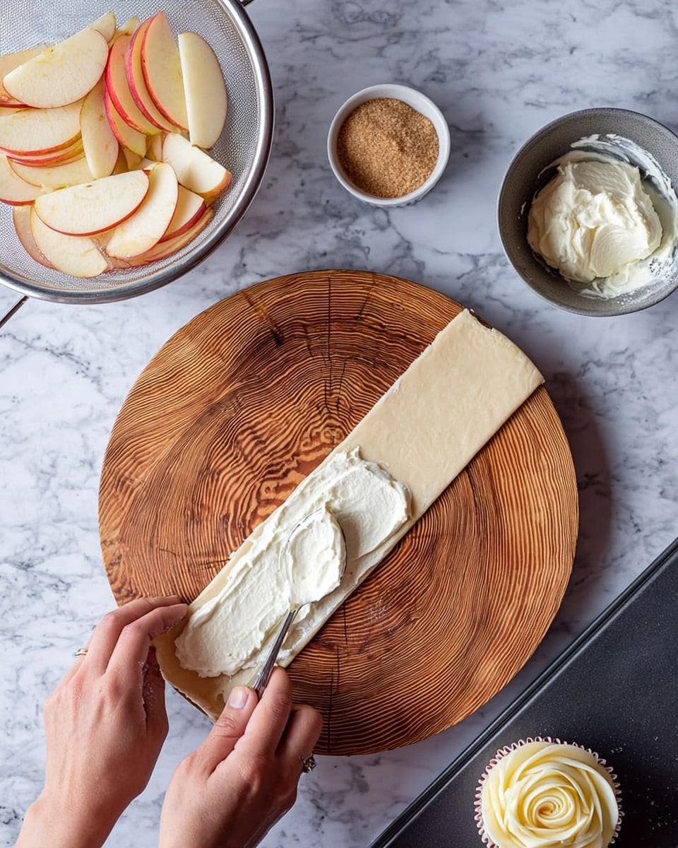 A rectangular strip of light beige dough is placed flat on a round wooden cutting board with natural wood grain. A woman's hand is holding the dough strip steady from the left side while another woman's hand spreads a white creamy layer evenly over the dough with a metal spoon. Above the board, on the white marbled surface, there is a white colander filled with thin, pale yellow and light pink apple slices on the left. At the top center, there is a small, round white bowl with light brown sugar. On the right side, a gray bowl holds a dollop of the same white creamy mixture. In the bottom right corner, a black muffin tray contains a cupcake topped with a rose-shaped swirl made of apple slices and cream. Photo taken with an iphone --ar 4:5 --v 7