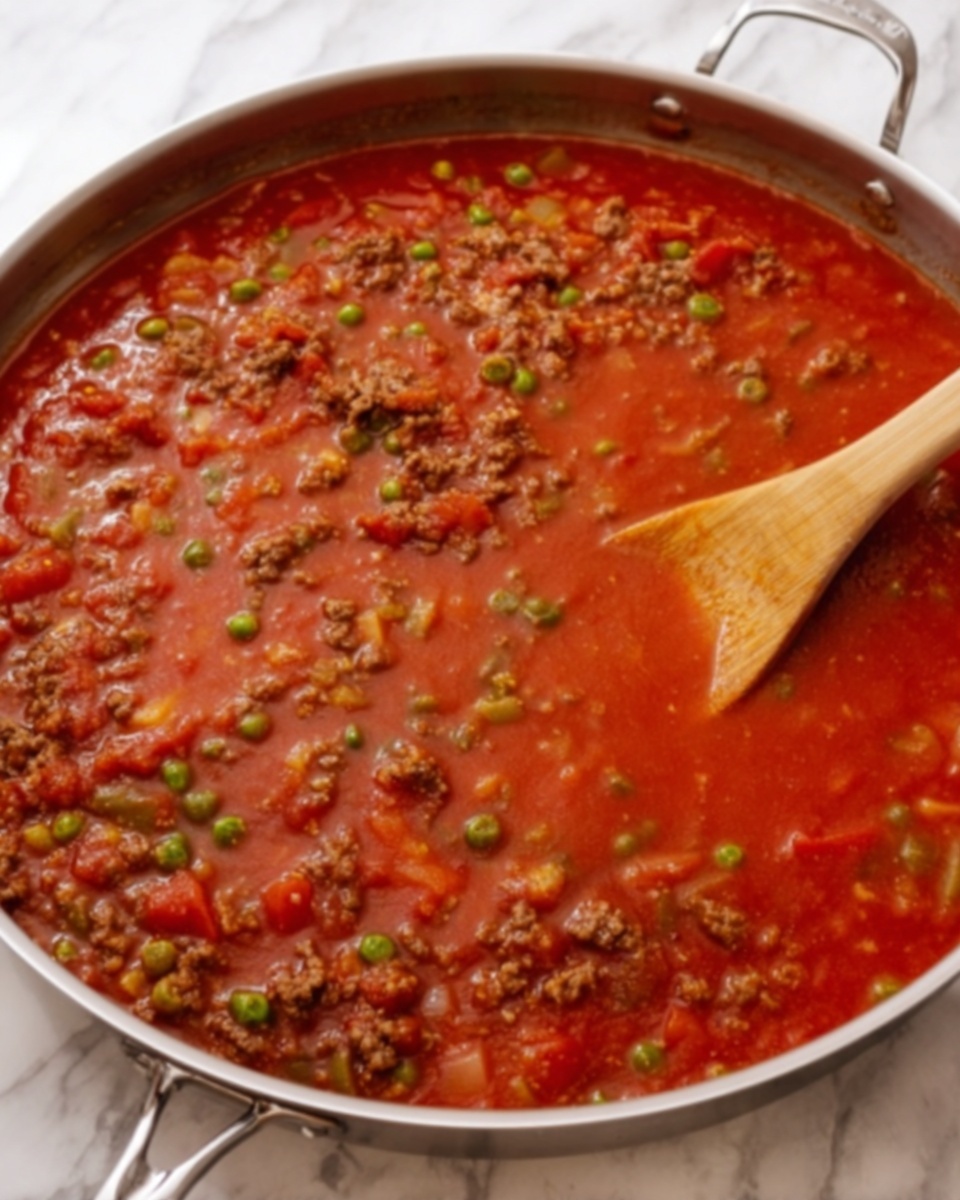 A large silver pan filled with layered pasta in a red tomato sauce, topped with melted white cheese scattered unevenly across the surface. The pasta layers are ruffled and orange in color, peeking through the sauce that contains small bits of vegetables and herbs. Bright green chopped parsley is sprinkled on top, adding spots of color. A wooden spoon is partially dipped in the dish, resting inside the pan. The pan sits on a white marbled surface with a few fresh parsley leaves scattered around. Photo taken with an iphone --ar 4:5 --v 7