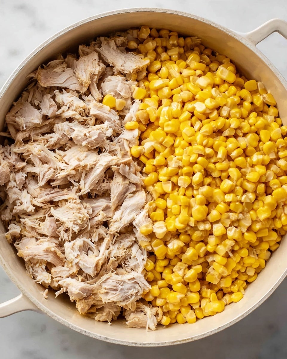 A close-up view of creamy chicken corn chowder in a pot with a wooden ladle lifting a spoonful from the soup. The soup has a light creamy base with visible black pepper and chopped herbs floating on top. The ladle holds chunks of white chicken, yellow corn kernels, diced white potatoes, and small pieces of red bell peppers. The soup looks thick and rich, speckled with green herbs and finely ground pepper with a smooth texture in the liquid around the vegetables and meat. The background is a white marbled texture. Photo taken with an iphone --ar 4:5 --v 7