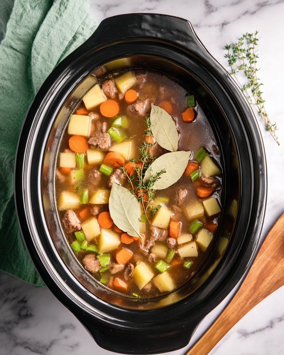 A white bowl is filled with a thick stew made of browned beef chunks, orange carrot pieces, golden potato chunks, and green peas, all covered in a rich brown sauce. The stew is sprinkled lightly with small green herbs on top. Inside the bowl is a metal spoon placed on the right side, partially submerged in the stew. The bowl sits on a gray and white striped cloth on a white marbled surface. Small green herb bits are scattered around the bowl, adding a fresh touch. photo taken with an iphone --ar 4:5 --v 7