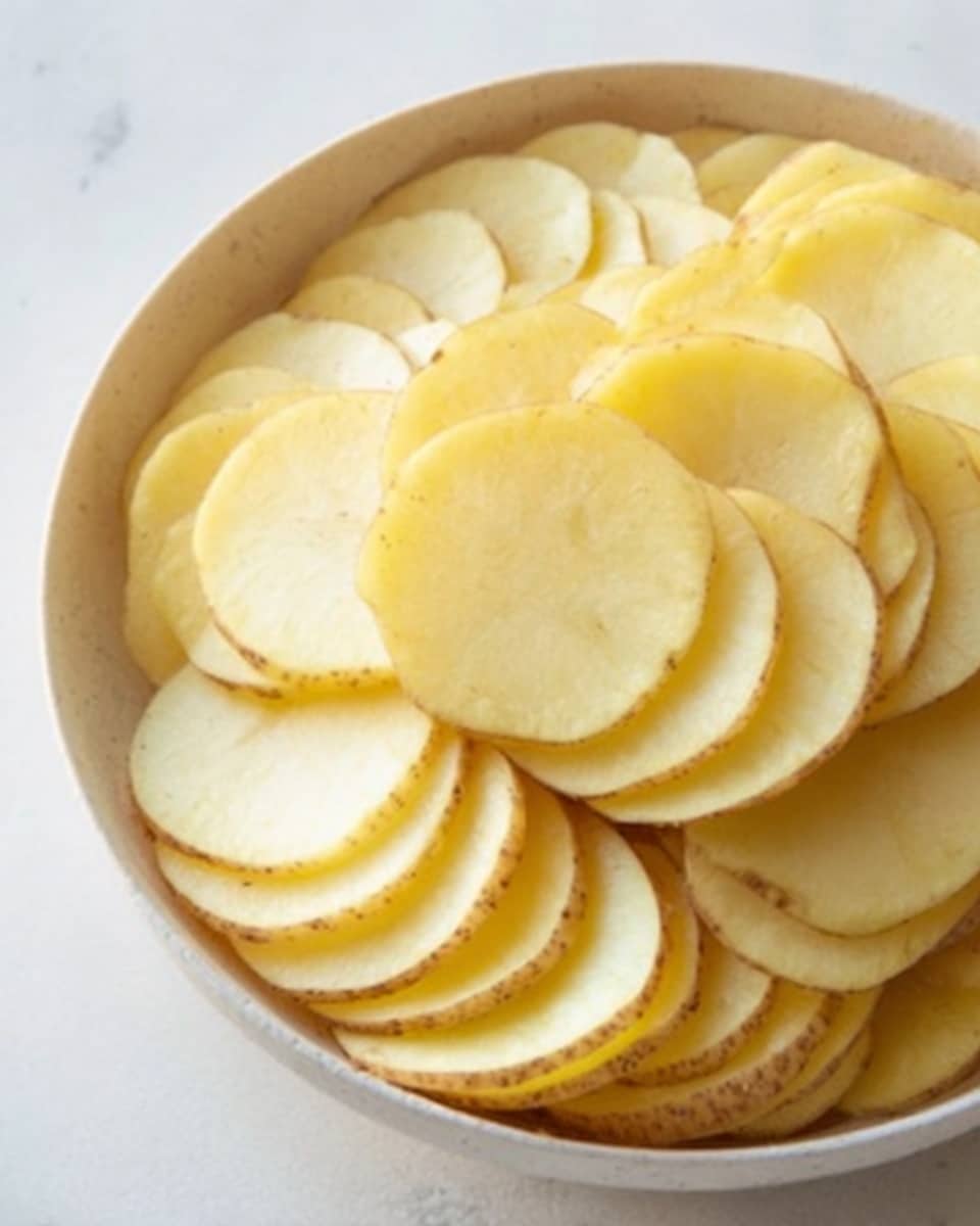 A round white bowl is filled with thin, round slices of pale yellow potatoes arranged in overlapping layers that form a spiral pattern. The potato slices have smooth edges and a soft texture, showing some slight variation in color with light brown spots near the edges. The potato rings fill the bowl from the outer edge to the center, creating a visually pleasing, evenly spaced design. The bowl sits on a white marbled surface. photo taken with an iphone --ar 4:5 --v 7