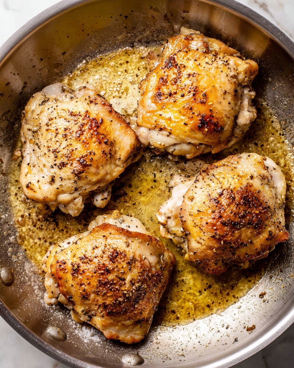 Inside a stainless steel pan, four cooked chicken thighs are arranged in a loose square. Each chicken thigh has a golden brown color with specks of black seasoning and a slightly crispy skin texture. The pan's surface has a glossy layer of oil mixed with browned bits from cooking, creating a shiny and slightly textured base under the chicken. The chicken thighs show some light searing marks and look juicy and tender. The background beneath the pan is a white marbled texture. photo taken with an iphone --ar 4:5 --v 7