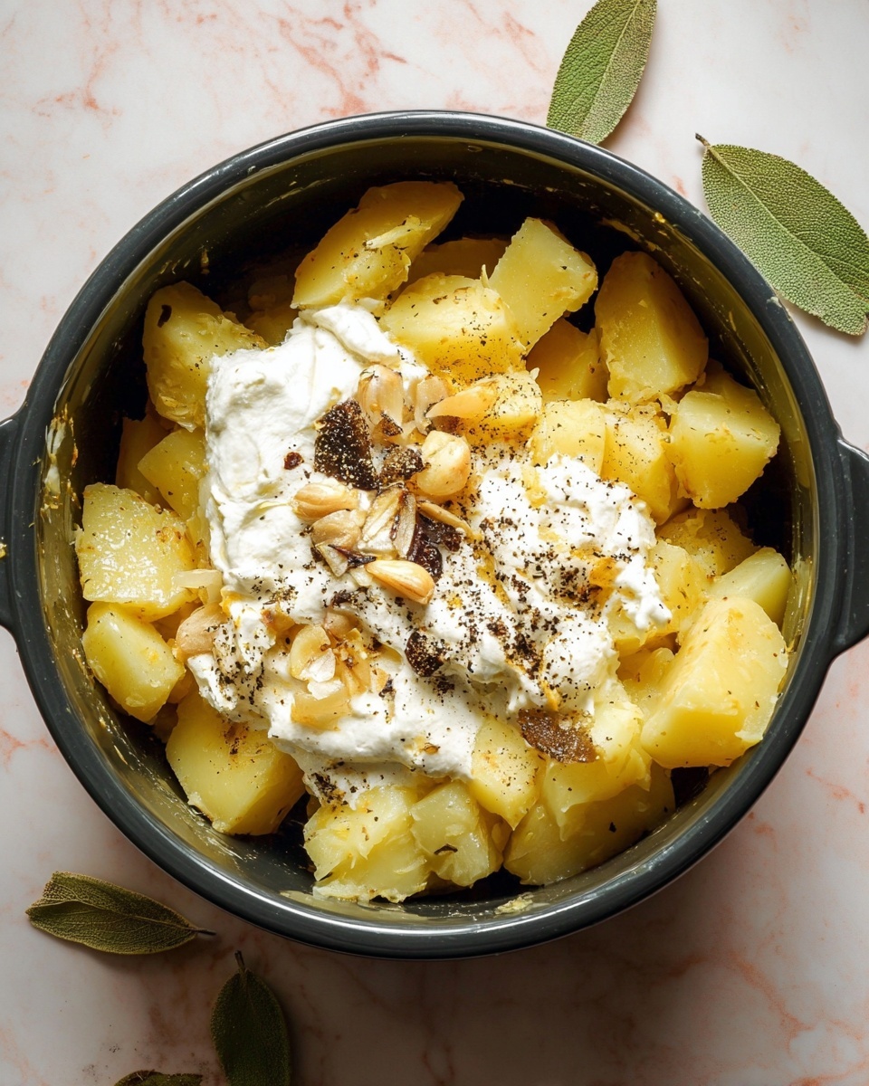 A gray pot filled with creamy mashed potatoes that are light yellow with a smooth yet slightly textured surface, showing some small lumps and specks of seasoning. A metal mixer with two beaters is partially submerged on the right side, blending the potatoes. The pot sits on a white marbled surface with a few green sage leaves scattered around. The light creates soft shadows inside the pot and highlights the creamy, rich texture of the mashed potatoes photo taken with an iphone --ar 4:5 --v 7