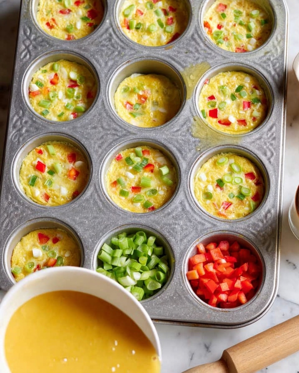 A silver muffin tray holds twelve small cups, ten of which are filled with a yellow egg mixture containing small white cheese bits, green chopped spring onions, and small red bell pepper pieces, giving each cup a colorful, speckled look. Two of the cups at the bottom right are filled only with diced red bell peppers and green spring onions, placed on top, creating a bright contrast. In the lower foreground, a white bowl is tilted, pouring more of the yellow egg mix into one empty muffin cup. The tray rests on a white marbled surface, with part of a glass and a rolling pin seen to the right. photo taken with an iphone --ar 4:5 --v 7