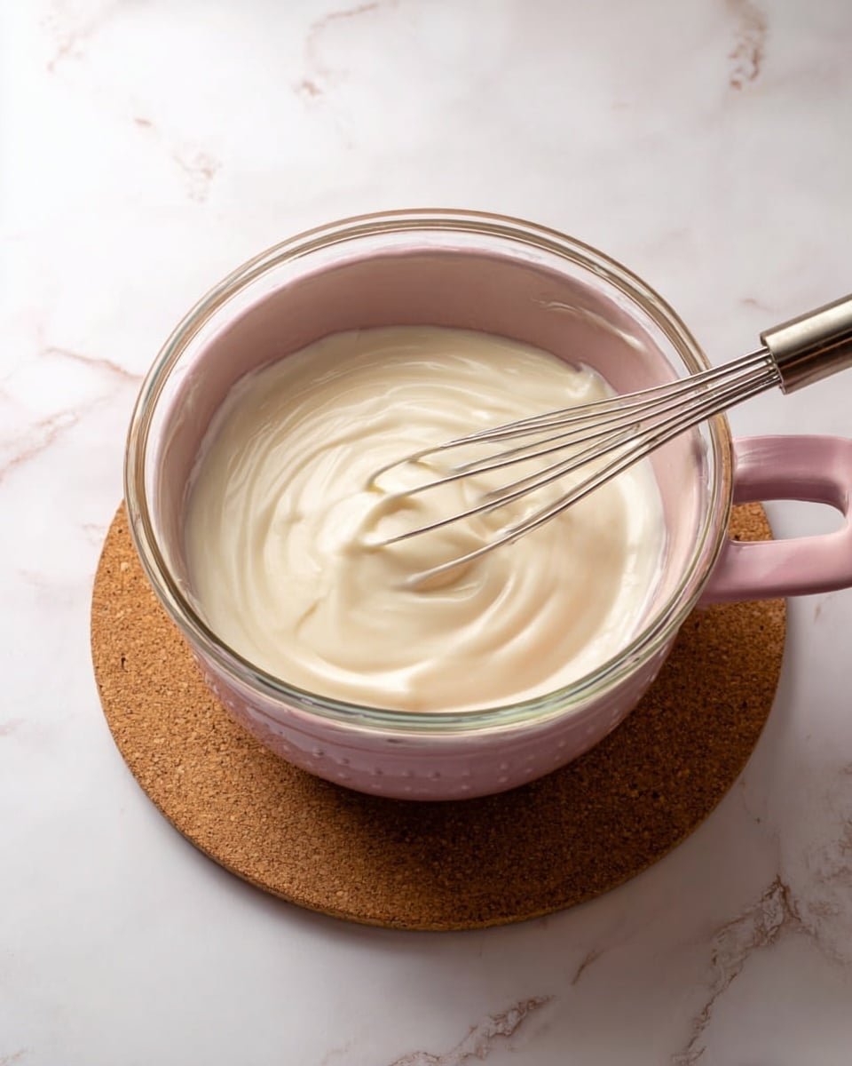 A clear glass bowl filled with smooth, thick, pale cream sits inside a pink bowl with a handle on a round cork mat. A silver whisk is resting inside the glass bowl, slightly lifted with the cream forming soft swirls around it. The bowls are placed on a white marbled surface that adds a clean and light feeling to the image. The scene is bright, showing soft shadows and natural light. photo taken with an iphone --ar 4:5 --v 7