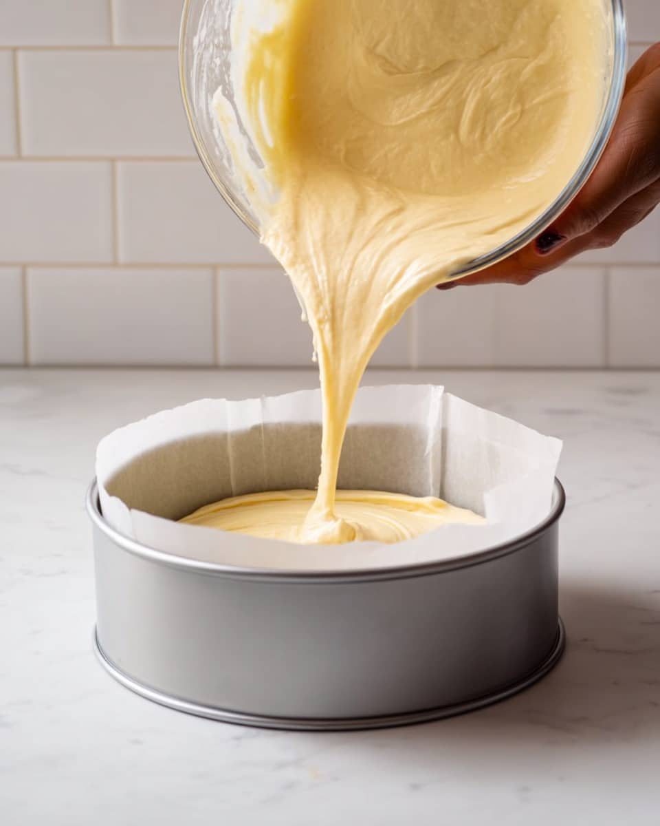 A close-up shot shows pale yellow thick batter being poured from a large clear bowl into a round silver cake pan lined with white parchment paper. The smooth batter creates a swirling texture on the surface as it fills the pan. A woman's hand holds the bowl steady from the right side. The pan sits on a white marbled surface with soft natural light, and a white tiled wall can be seen in the background. photo taken with an iphone --ar 4:5 --v 7