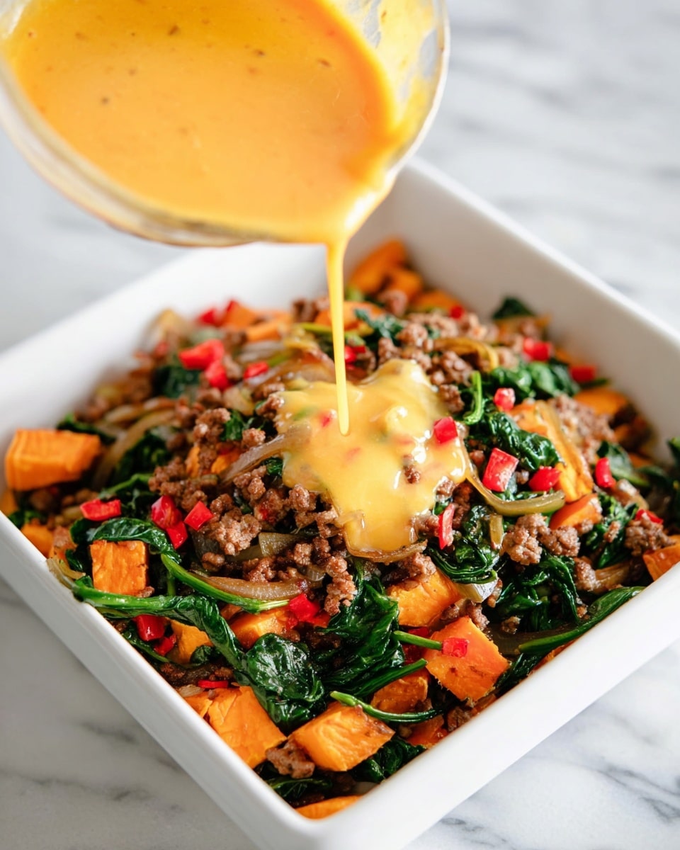 A white square dish filled with a colorful mix of diced orange sweet potatoes, browned ground meat, sautéed wilted green spinach, translucent cooked onion strips, and small red pepper pieces. A smooth light orange sauce is being poured over the mixture from above, creating a shiny layer on top of the dish. The dish is placed on a white marbled surface. Photo taken with an iphone --ar 4:5 --v 7