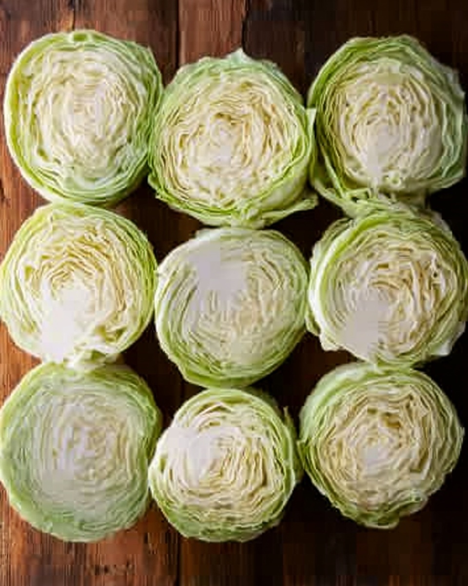 The image shows nine round slices of cabbage arranged in three rows on a wooden surface. Each cabbage slice reveals multiple tightly packed layers, with a pale green outer layer gradually turning to a creamier white toward the center. The texture looks fresh and crisp, showcasing the natural fibrous and leafy structure of the cabbage. The wooden surface has a dark brown color, creating a strong contrast against the light colors of the cabbage slices. photo taken with an iphone --ar 4:5 --v 7