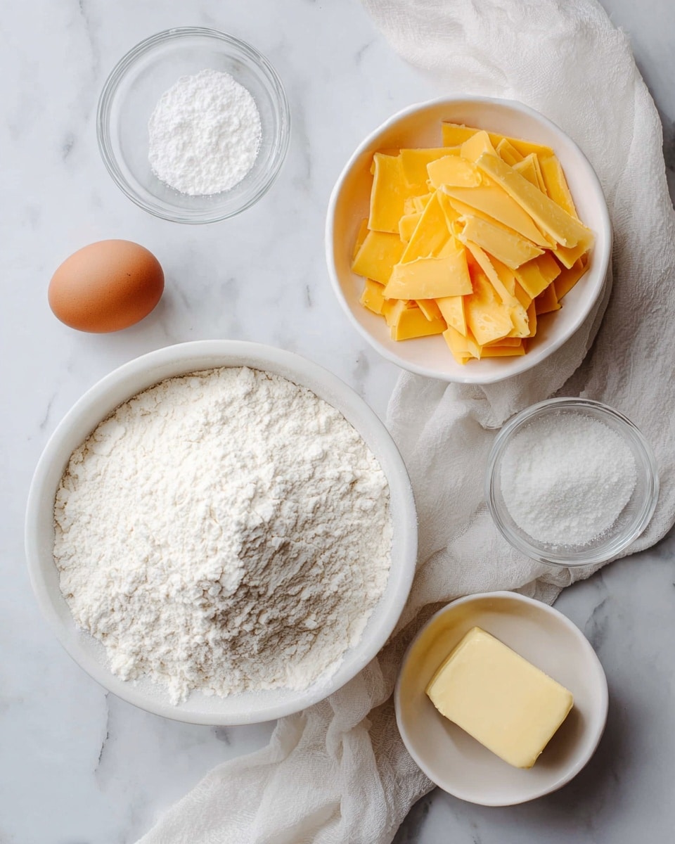 The image shows a collection of baking ingredients on a white marbled surface. There is a large white bowl filled with white flour, with some flour spilled next to it. Above it to the right is a white bowl containing uneven yellow slices of cheddar cheese. To the top left of the flour bowl, there is a small clear glass bowl with white granulated sugar. To the left of the flour bowl, a brown egg rests on the surface. Below the flour bowl, there is a small white bowl holding a square of pale yellow butter. The whole setup is arranged neatly with a soft white cloth around the bowls. Photo taken with an iphone --ar 4:5 --v 7