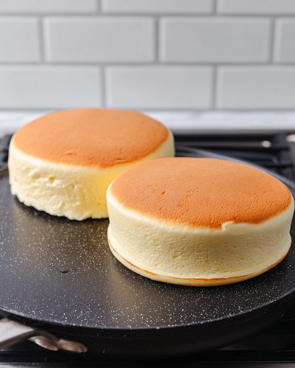 A white plate sits on a white marbled surface. On the plate, there is a stack of two thick, fluffy pancakes with a golden-brown top and light, airy sides. The top pancake has a small pat of white butter melting on it, and several fresh blueberries rest on the butter. Maple syrup pools around the base of the stack, with a few blueberries partially soaked in it. To the side of the pancakes, three thin slices of bright red strawberry fan out neatly. In the background, blurred, are more stacks of pancakes on white plates and a grey and white cup. Photo taken with an iphone --ar 4:5 --v 7