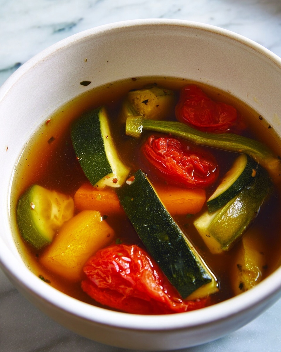 A close-up shot of a white bowl filled with a clear broth containing large chunks of vegetables. The top layer shows bright red tomato pieces with soft, wrinkled texture, surrounded by dark green zucchini chunks with a smooth surface. There are also orange-yellow bell pepper segments adding a bright contrast. The vegetables float slightly submerged in the brownish broth, giving a warm and fresh look. The bowl sits on a white marbled surface. photo taken with an iphone --ar 4:5 --v 7