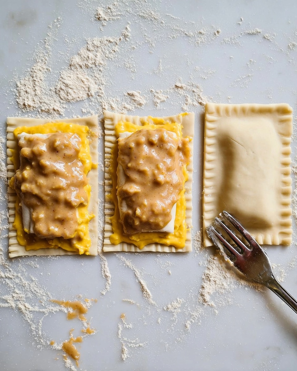 The image shows seven golden brown rectangular pastries with a slightly flaky texture sitting on a black wire rack placed over a white marbled surface. Five of these pastries are plain with some black pepper flakes sprinkled on top, giving a speckled look, while the other two have shredded white and orange cheese melted and slightly browned on their top right corner. The pastries have lightly crimped edges, and the surface looks shiny, as if brushed with egg wash. Photo taken with an iphone --ar 4:5 --v 7