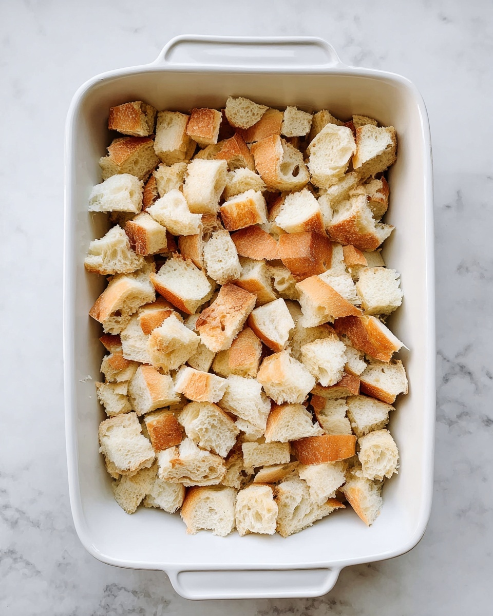 The image shows a white rectangular baking dish filled with a golden bread pudding. The top layer has irregular chunks of bread in shades of golden brown with some darker toasted spots, giving a crispy texture. Underneath, creamy, light yellow custard fills the gaps between the bread pieces, visible in some areas as a smooth, glossy layer. The dish sits on a white marbled surface, highlighting the warm colors of the baked pudding. photo taken with an iphone --ar 4:5 --v 7