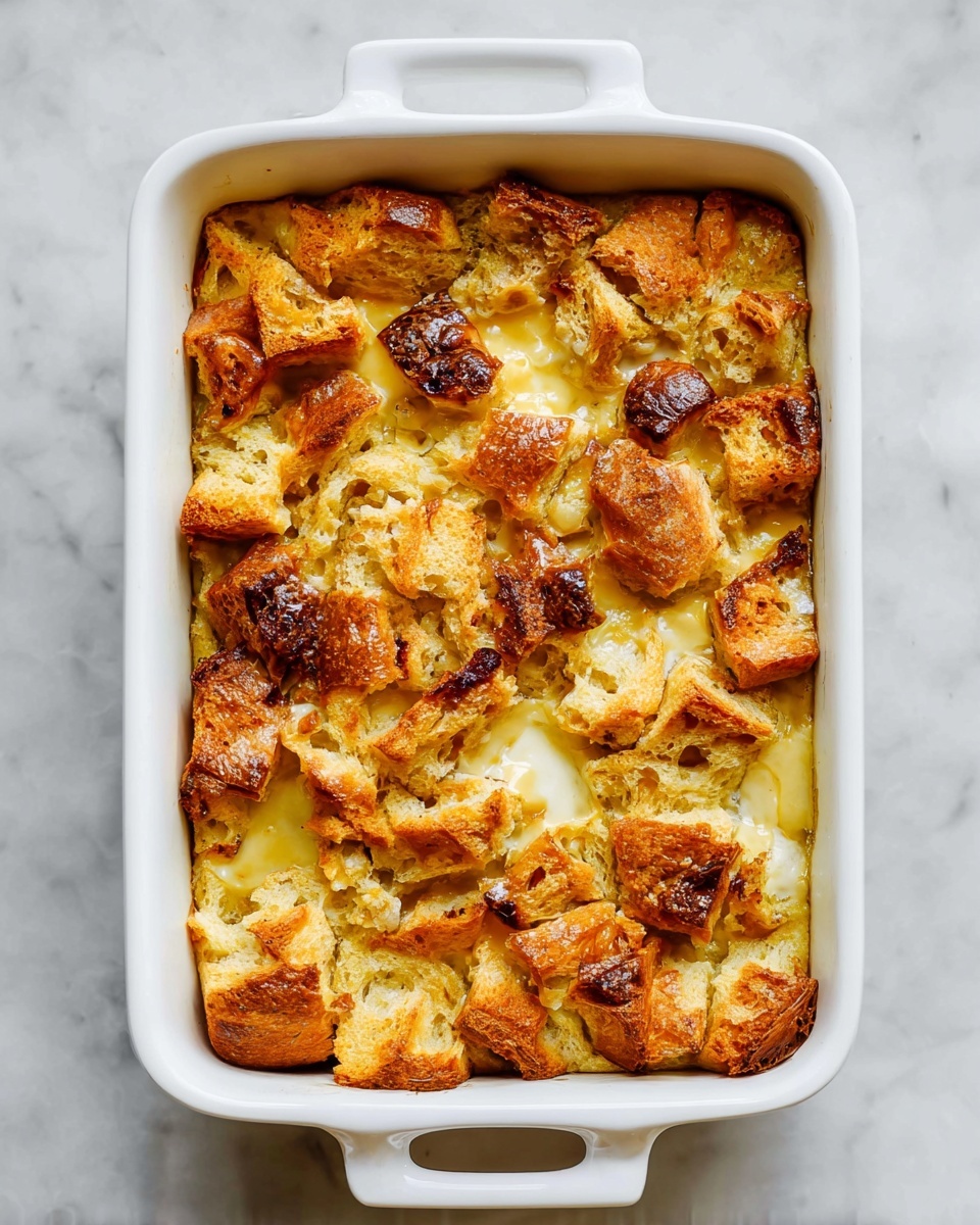 The image shows a slice of bread pudding on a white plate. The dish has several layers of bread pieces that are golden brown and slightly crispy on the top. The bread looks soft and fluffy inside with a creamy layer visible between the bread pieces. There are some darker toasted spots on the surface and the pudding has a warm, homemade look. The plate is set on a white marbled surface, and the background is blurred but another slice of the pudding is partly visible on the top right corner of the image. Photo taken with an iphone --ar 4:5 --v 7