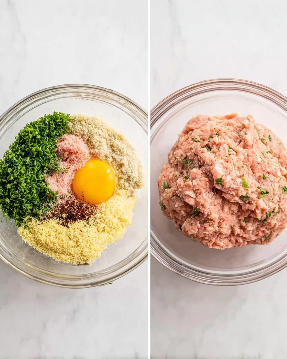 The image shows two clear glass bowls on a white marbled surface. The bowl on the left holds separate ingredients layered together: finely chopped green herbs on top left, a raw egg yolk near the center, a pile of yellowish breadcrumbs on the right, a light pink raw ground meat beneath the egg yolk, and dark spices sprinkled around the egg yolk and herbs, creating a colorful mix of yellow, green, pink, and brown. The bowl on the right shows the mixture after blending, forming a smooth, pinkish meat mixture with small flecks of green herbs evenly spread. The texture appears soft and moist, filling the bowl about halfway. Photo taken with an iphone --ar 4:5 --v 7