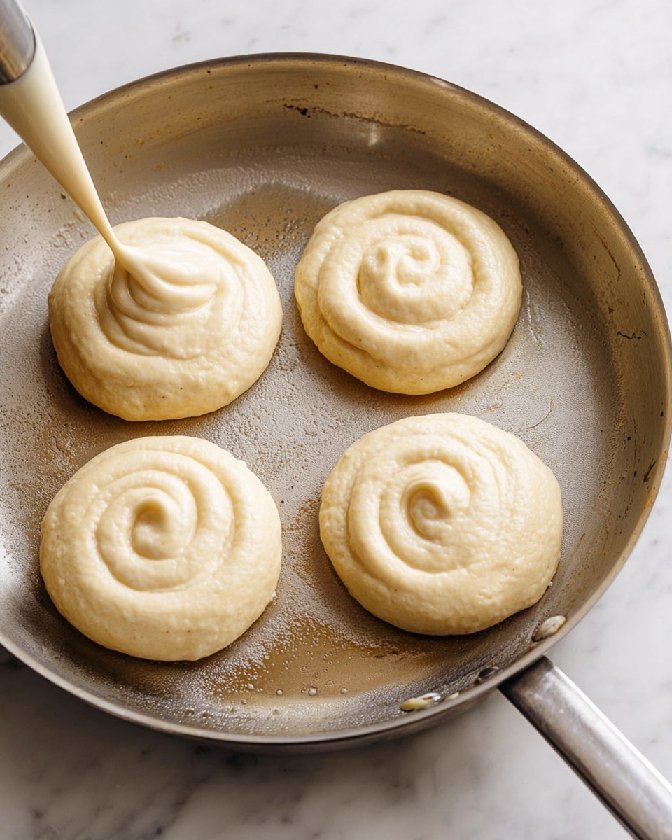 Inside a stainless steel frying pan on a white marbled surface, there are four round, thick pancake batter dollops being poured from a white piping bag at the bottom left. Each batter dollop is creamy pale yellow with a soft, smooth texture and slight swirls from the piping motion. The frying pan shows some light marks and reflections, highlighting its metallic surface. Photo taken with an iphone --ar 4:5 --v 7
