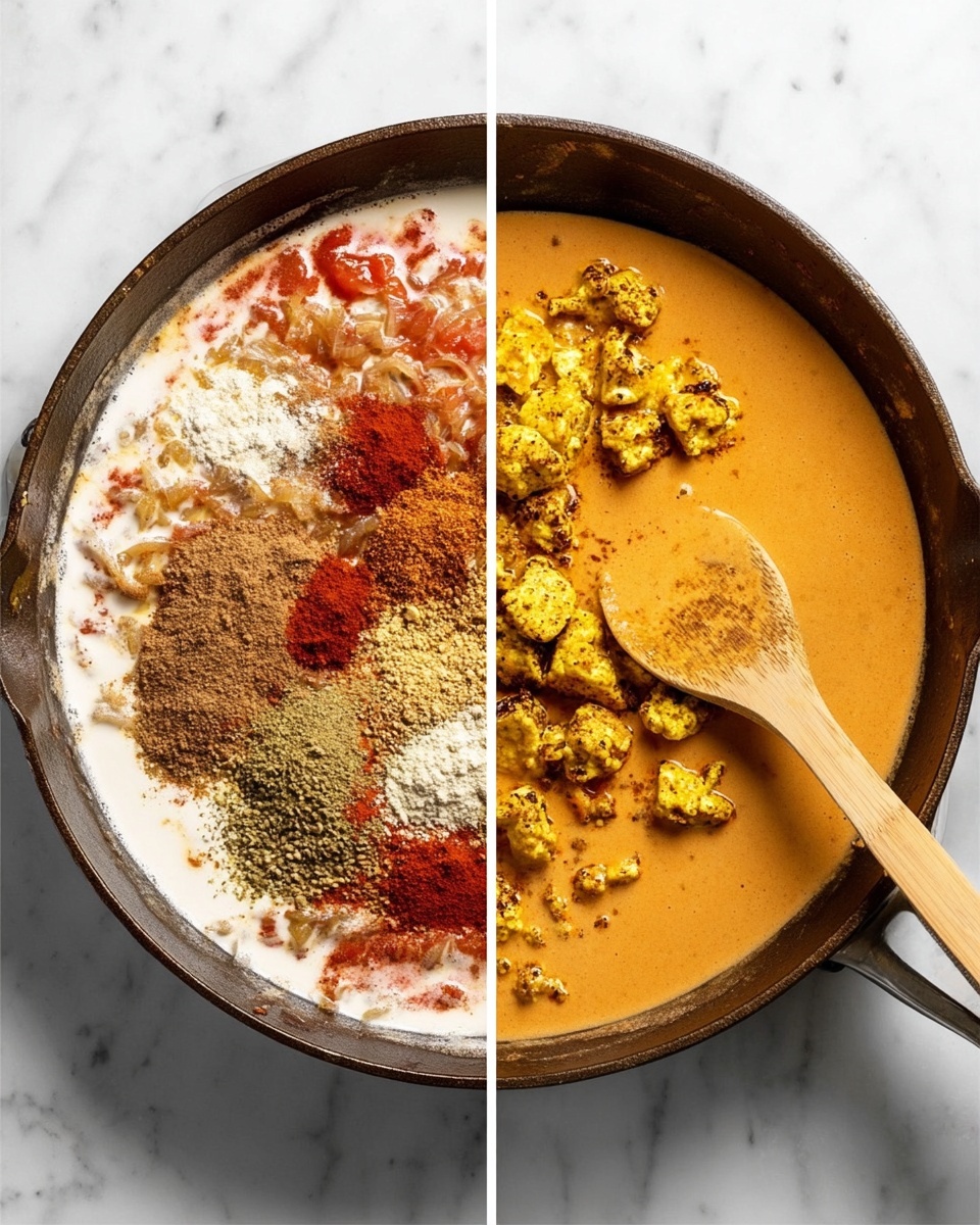 The image shows two side-by-side views of a dark brown cast iron pan on a white marbled surface, each with a wooden spoon inside. On the left, the pan contains a mix of sautéed onions at the bottom, creamy white sauce poured over some parts, and red and brown spices sprinkled mostly in the center and right side, creating a patchy and layered look. The wooden spoon rests on the right side of the pan, slightly covered in the mixture. On the right, the same pan holds a thick, smooth orange sauce spread evenly with cooked golden yellow chunks of seasoned meat piled in the center. The wooden spoon is on the right side, partially submerged in the sauce. photo taken with an iphone --ar 4:5 --v 7