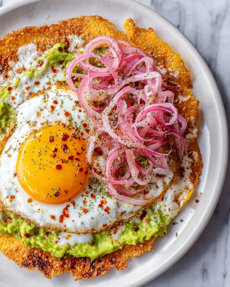 The first image shows a single fried egg cooking in a black pan, with a bright yellow yolk in the center surrounded by white, slightly crispy edges sprinkled with red chili flakes and herbs. The second image shows a plain white round tortilla with a few dark brown toasted spots, held by something on a white marbled surface. photo taken with an iphone --ar 4:5 --v 7