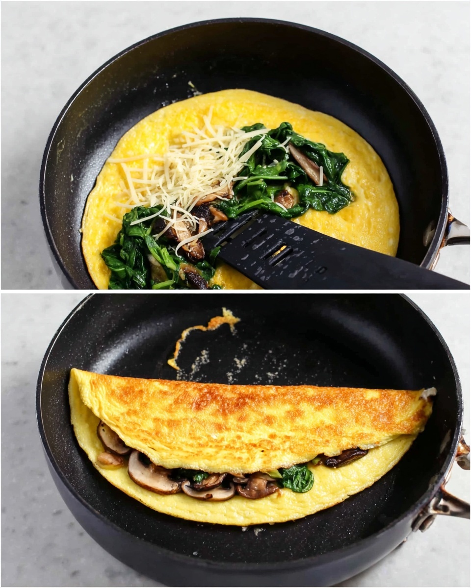 The image shows a cast iron pan with a yellow omelette base filling half of the pan. On top of the omelette, there is a layer of cooked spinach and sliced mushrooms, with a sprinkle of shredded cheese in the center. The next image shows the omelette folded in half with a golden-brown crust on the outside, and a black spatula lifting it slightly inside the same pan. Both images have a white marbled surface background. photo taken with an iphone --ar 4:5 --v 7