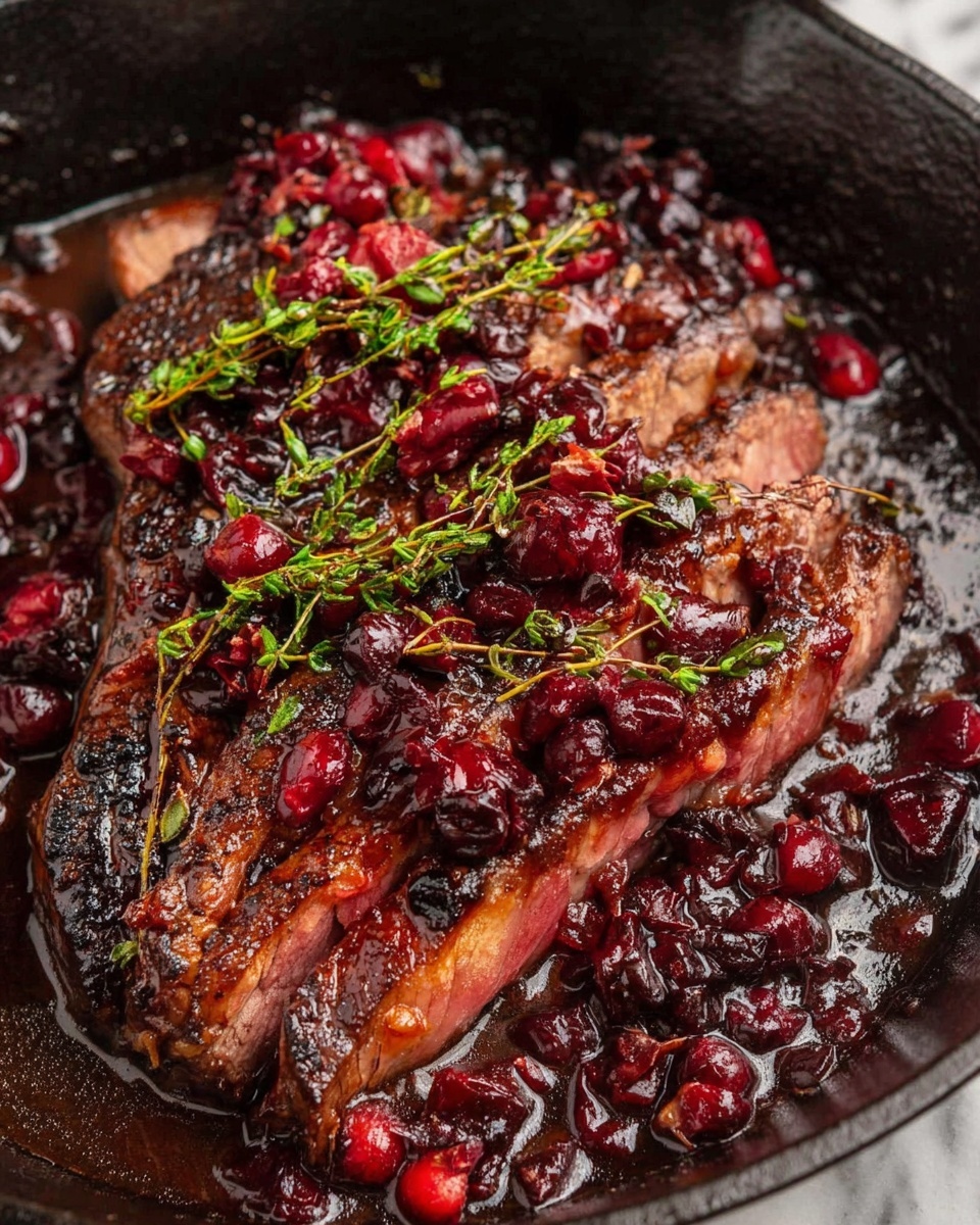 A thick grilled steak sits in a black cast iron pan, cut into several slices showing a juicy pink inside with a browned, crispy outside. The steak is covered with a dark, glossy sauce that has chunks of red berries and sprigs of fresh green thyme scattered on top and around it. The pan is full of the shiny sauce pooling around the meat, adding a rich and moist look. The overall scene shows a warm, hearty meal with dark brown, red, and green colors on a white marbled background. photo taken with an iphone --ar 4:5 --v 7