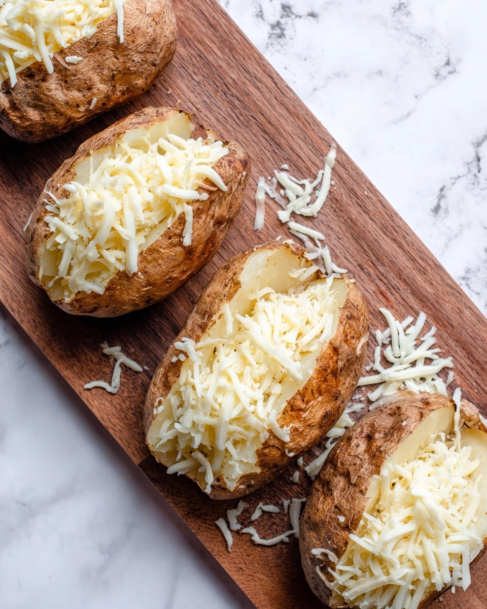 The image shows four baked potatoes on a wooden board placed on a white marbled surface. Each potato has a crispy, brown skin as the first layer, split open to reveal a soft, fluffy white inside as the second layer. On top of the fluffy inside, a generous layer of white shredded cheese is spread, with some cheese spilling onto the wooden board around the potatoes. The scene is simple and natural, focusing on the texture contrast between the rough skin, smooth inside, and stringy cheese. Photo taken with an iphone --ar 4:5 --v 7