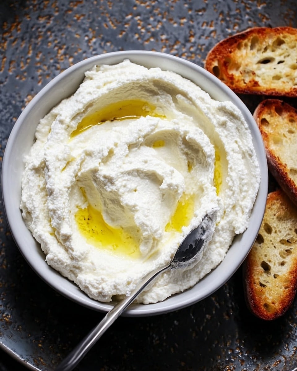 The image shows pieces of toasted bread arranged on a white marbled surface. Each slice has three layers: the bottom layer is a golden toasted bread slice with a slightly crispy texture, the middle layer is a thick spread of creamy white cheese with a smooth texture, and the top layer is lightly charred rings of yellow-orange roasted squash that add a warm color and slight texture contrast. There are drops of amber-colored sauce scattered around the bread pieces on the surface, and a fresh green arugula leaf lies nearby in the foreground. Photo taken with an iphone --ar 4:5 --v 7