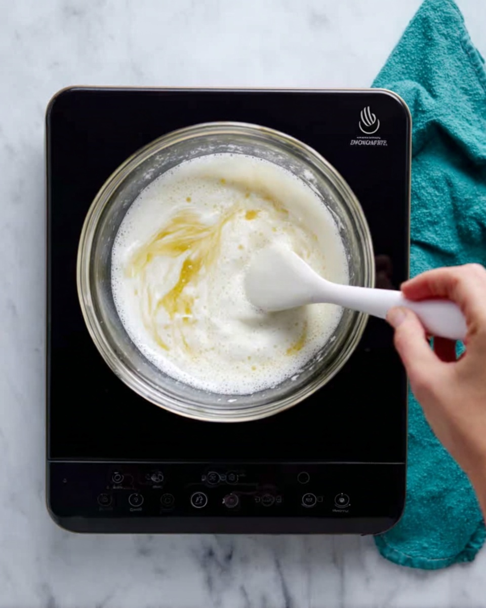 This image shows a three-layer cake on a round white plate, placed on a white marbled surface. Each layer of the cake has a light brown color with a thick layer of smooth white frosting between them. The top of the cake is covered with finely crushed nuts in the middle, surrounded by evenly spaced swirls of creamy white frosting along the edge. Whole pecans are placed on top of the crushed nuts and also scattered around the base of the cake on the plate. In the background, there is a blurry bottle of milk and a fork. Photo taken with an iphone --ar 4:5 --v 7