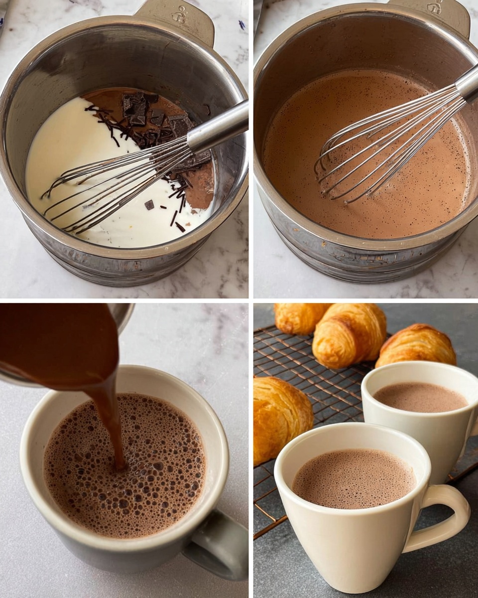 The image shows four steps of making hot chocolate. The first part has a large metal bowl with white cream and dark chocolate pieces inside, and a silver whisk resting on top. The second shows the mixture turned light brown and frothy with the whisk inside. The third part shows it thicker and darker brown with bubbles on the surface, as the whisk stirs it. The fourth part shows the hot chocolate being poured from the bowl into white small ceramic mugs on a gray counter with some golden baked pastries cooling on a wire rack nearby. The background is a white marbled surface. Photo taken with an iphone --ar 4:5 --v 7