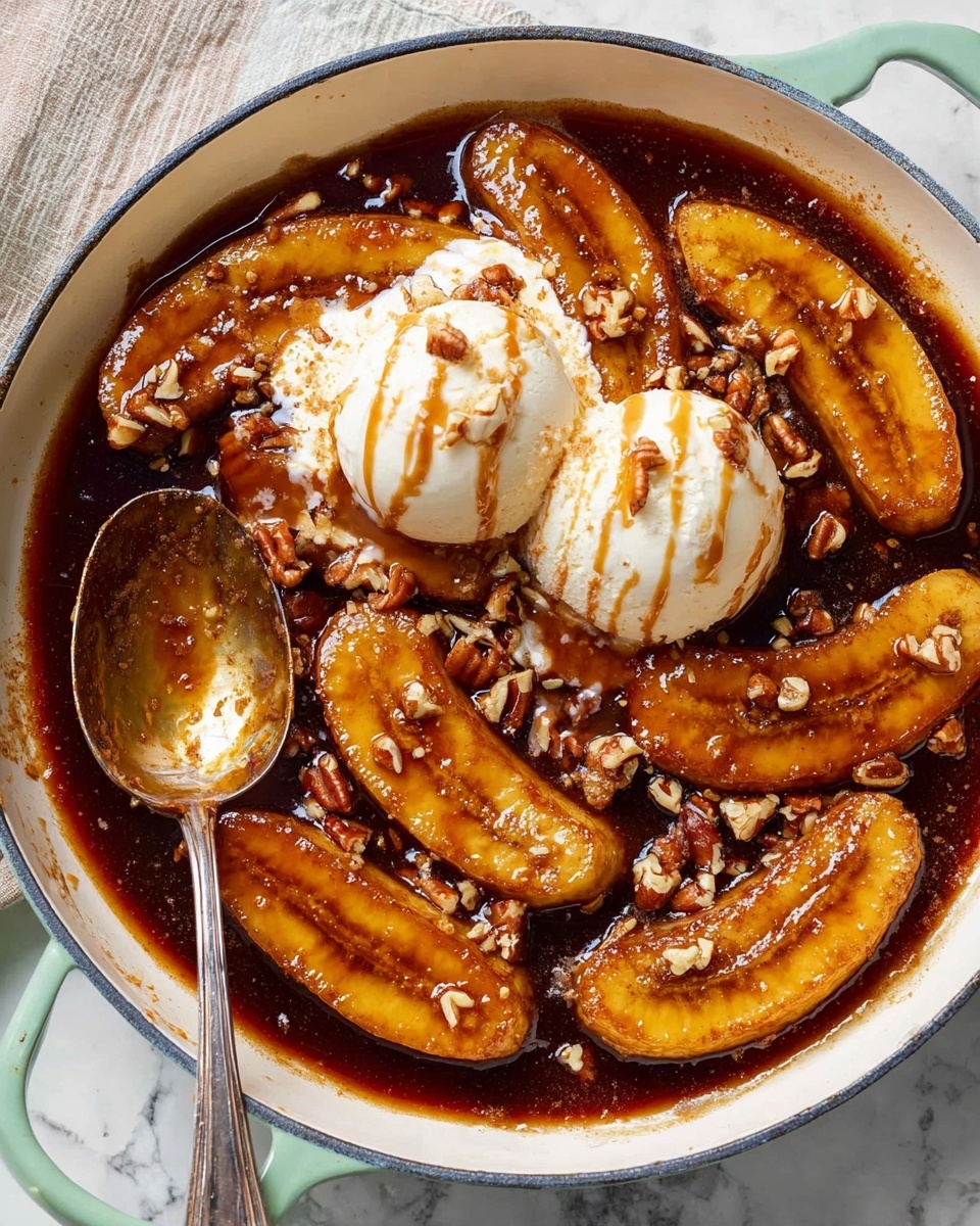 A white round pan filled with several golden brown caramelized banana halves arranged closely and mostly flat in a thick dark syrup. On top, there are two rounded scoops of creamy white ice cream with light brown drizzle and scattered small chopped pecans. A silver spoon rests on the left side inside the pan, with syrup on it. The pan handles are light green, and the surface underneath is a white marbled texture. photo taken with an iphone --ar 4:5 --v 7
