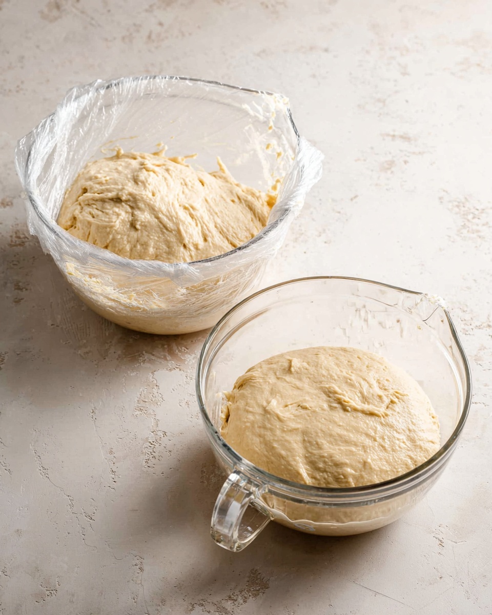 The image shows two clear glass measuring bowls filled with thick, pale yellow dough at different stages of rising, placed side by side on a surface with a white marbled texture. The bowl on the left contains dough that has partially risen with a rough, uneven surface and is covered loosely with plastic wrap draped over the edges. The bowl on the right holds dough that has risen fully, filling the bowl more and showing a smooth but slightly bubbly texture on top. Both bowls have clear handles and spouts, and the lighting highlights the soft, fluffy consistency of the dough. Photo taken with an iphone --ar 4:5 --v 7