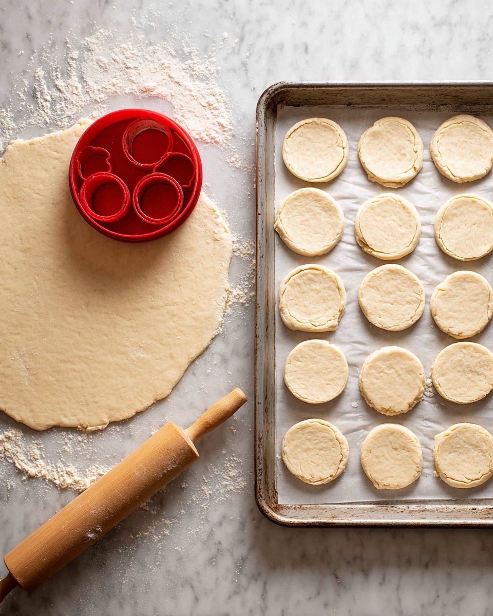 The image shows three steps of making round biscuit dough. On the left, there is a large flat piece of dough rolled flat on a white marbled surface with some flour dusted around. In the middle, a red round cutter presses into the dough with around 14 circle shapes cut out, some still in place and some removed, with the rolling pin resting at the bottom left. On the right, there are 14 round dough pieces placed on small squares of parchment paper arranged on a metal baking tray ready to bake. The dough pieces are light golden with a slightly rough texture. Photo taken with an iphone --ar 4:5 --v 7