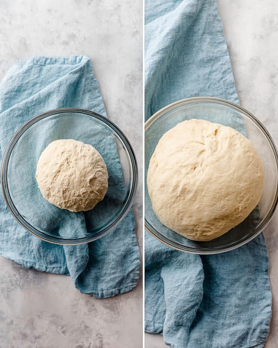 Two images side by side show a clear glass bowl on a light blue cloth on a white marbled surface. Inside the bowl is a pale beige dough ball. The dough ball in the left image is smaller and denser with a rough texture. The dough ball in the right image is larger, softer, and more risen, showing slight cracks on top. Photo taken with an iphone --ar 4:5 --v 7
