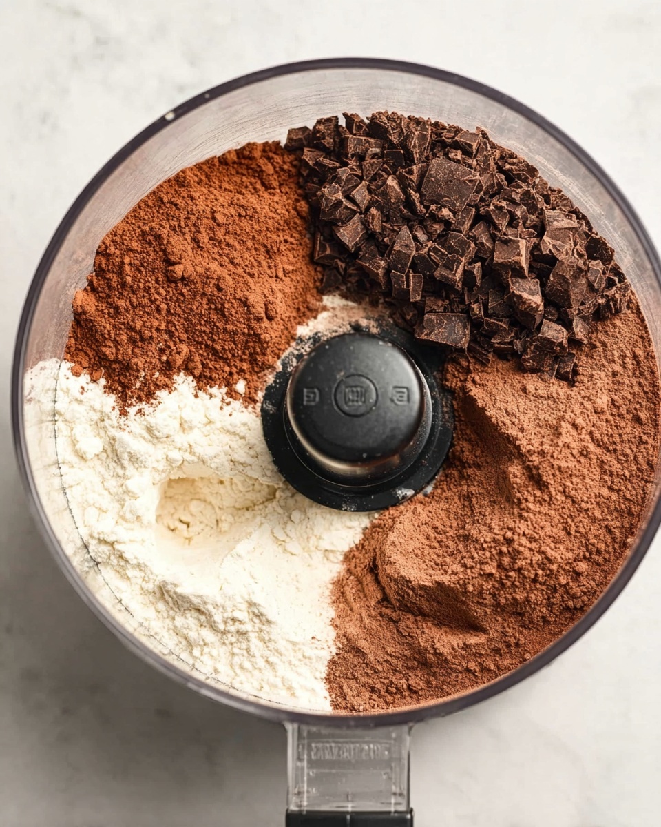 A clear round food processor bowl with a black center blade is shown on a white marbled surface; inside, three ingredients are layered side by side—white flour on the left, reddish-brown cocoa powder on the top right, and dark brown chopped chocolate on the bottom right. In the second image, the ingredients have been mixed evenly into a fine light brown powder filling the bowl evenly. Photo taken with an iphone --ar 4:5 --v 7