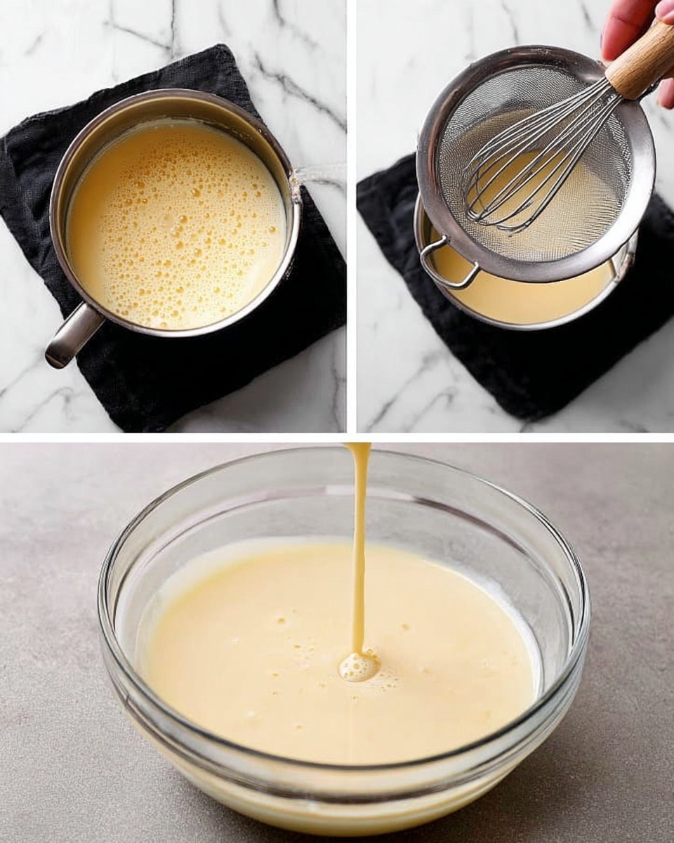The image shows three steps of making a smooth cream sauce. The first part has a small stainless steel pot with a light yellow creamy mixture, forming small bubbles on top, set on a white marbled surface with a black cloth underneath. The second part shows the creamy mixture being poured through a metal fine mesh strainer to remove lumps, held above the same black cloth on the white marbled surface. In the third part, the smooth cream is in a clear glass bowl on the black cloth and white marbled surface, with a woman's hand whisking it using a wooden whisk while a thin stream of liquid is poured in to thin the mixture, creating a smooth texture throughout. Photo taken with an iphone --ar 4:5 --v 7
