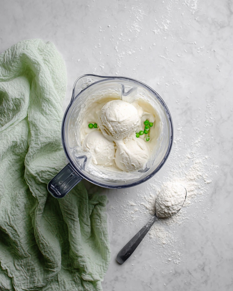 A clear blender cup is shown from above with three white creamy scoops inside. There are small green drops floating on the surface of the cream inside the blender. To the right of the blender, there is a gray spoon with some white powder on it, placed on a light green crumpled cloth. The background is a white marbled texture. photo taken with an iphone --ar 4:5 --v 7