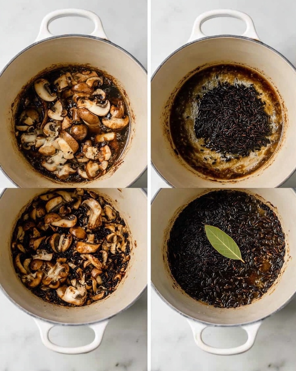 A white pot containing three views of cooking stages on a white marbled surface: the first view shows sliced mushrooms mixed with dark brown cooked bits spreading across the pot floor; the second view adds a heap of black wild rice and a green bay leaf on top of the mushrooms; the third view shows the wild rice soaking in a dark liquid with the mushrooms and bay leaf partly submerged. photo taken with an iphone --ar 4:5 --v 7