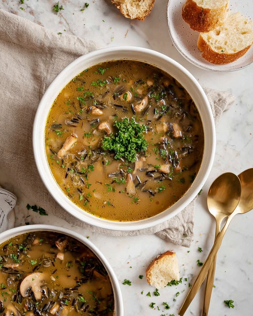 The image shows a close-up of a white bowl filled with clear brown soup containing pieces of mushrooms and small green herbs sprinkled on top. A gold spoon is resting inside the bowl, partially submerged in the soup. Around the bowl, there are bits of bread with a soft white inside and a golden brown crust placed on a white marbled surface. In the background, two more white bowls with the same soup and herbs are visible, one with a spoon, and a beige cloth napkin is laid beneath the bowls. Photo taken with an iphone --ar 4:5 --v 7