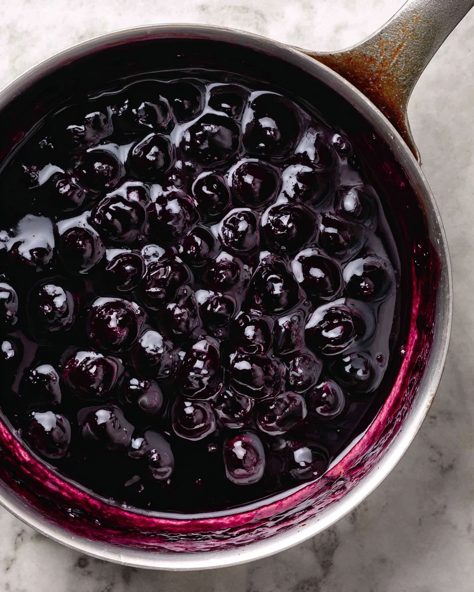 A close-up top view shows a small stainless steel pan filled with thick, glossy black blueberry sauce with whole blueberries visible throughout. The sauce clings to the sides, leaving rich purple streaks inside the pan. The background is a white marbled texture, making the dark sauce stand out clearly. photo taken with an iphone --ar 4:5 --v 7