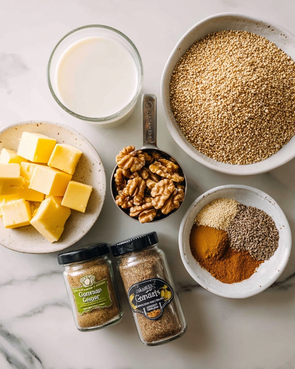 The image shows several ingredients arranged on a white marbled surface. There is a glass of milk to the left, followed by a small white bowl filled with yellow butter cubes. Next to it is a metal measuring cup filled with sesame seeds, and a white bowl filled with walnut halves. A larger white bowl holds more sesame seeds, piled high, with a light brown color and grainy texture. In front are three small jars of spices: one is labeled cardamom with a green lid, another labeled ginger root with a black lid, and the last labeled cinnamon with a black lid. The spices have various shades of brown, adding warm colors to the scene. Photo taken with an iphone --ar 4:5 --v 7
