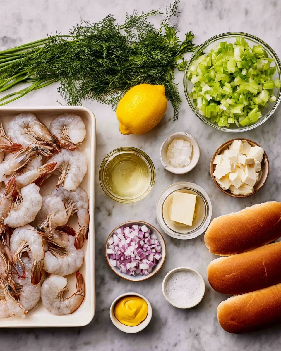 The image shows a collection of raw cooking ingredients arranged neatly on a white marbled surface. There is a white rectangular tray on the left side filled with raw shrimp that have a pale pinkish-gray color and intact tails. Above the shrimp are fresh green herbs including dill and chives. Near the top center is a whole yellow lemon. To the right of the herbs is a translucent white bowl filled with chopped light green celery. Below the celery is a small glass bowl with chopped purple and white onions. A small clear glass container with a pale yellow liquid is positioned nearby. Several small white dishes hold different ingredients including a pat of pale yellow butter, a dollop of yellow mustard, a white creamy sauce, and a pile of white granulated salt. On the right side of the image, there are three brown hot dog buns placed close together. photo taken with an iphone --ar 4:5 --v 7