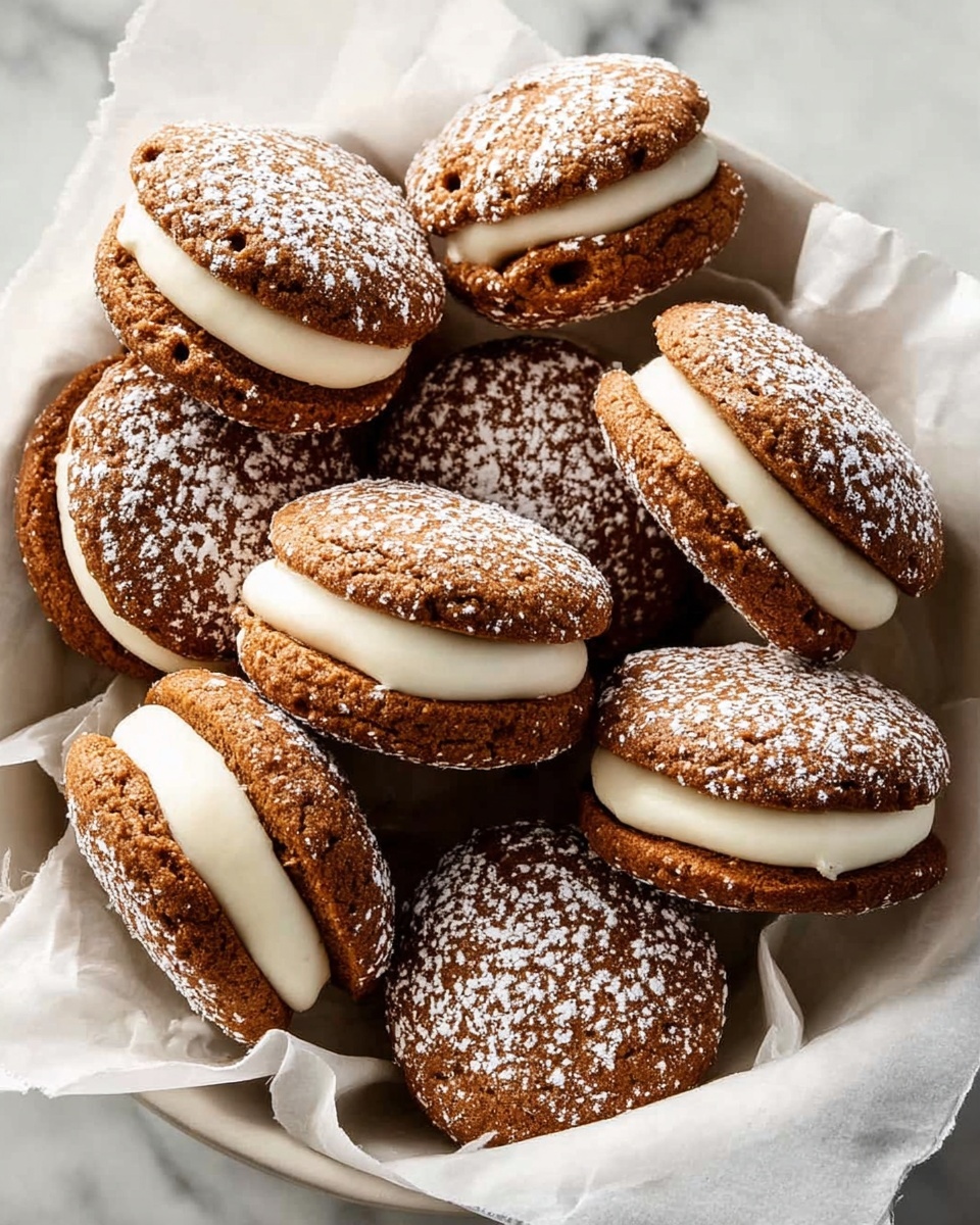 The image shows several soft, brown sandwich cookies with a rough texture. Each cookie consists of two round, browned layers with a thick, smooth white cream filling in the middle, clearly visible in the bitten cookie at the front. The cookies are sprinkled lightly with white powdered sugar on top. They are placed closely together on white parchment paper which rests on a white marbled surface. The lighting is bright and warm, highlighting the cookies' detailed crumb and creamy filling. photo taken with an iphone --ar 4:5 --v 7