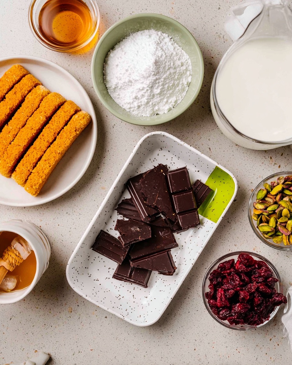 The image shows several baking ingredients arranged on a white marbled surface. In the center is a white rectangular dish with black specks and a green corner, holding broken pieces of dark chocolate. Above it to the right is a white bowl with a green tint containing white powdered sugar. To the left of the chocolate, a white bowl with a green tint holds rows of orange rectangular cookies arranged neatly. At the top right, a white round plate holds two sections: one with red dried cranberries and the other with green pistachios. There is a small white cup filled with honey to the left of the chocolate dish and a clear glass of milk behind it. Photo taken with an iphone --ar 4:5 --v 7