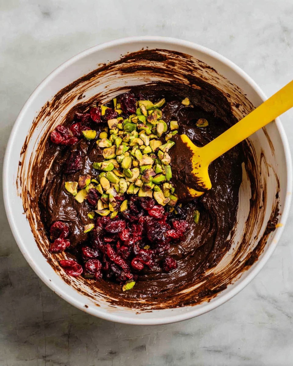 A white bowl filled with thick, dark brown chocolate batter smeared around the sides, topped with two piles: one of greenish pistachio nuts and the other of bright red dried cranberries scattered on top of the batter. A yellow spatula with chocolate on its edge rests inside the bowl. The bowl is placed on a white marbled surface. photo taken with an iphone --ar 4:5 --v 7