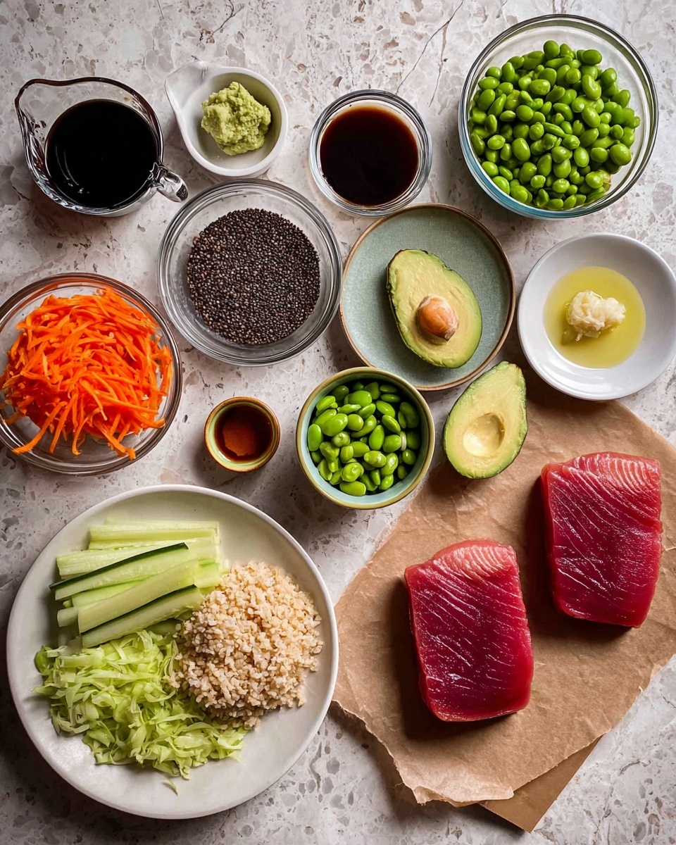 The image shows fresh ingredients laid out on a white marbled surface, ready to make a dish. At the center right, two raw deep red tuna pieces rest on brown parchment paper. Around them are several small glass bowls and white or green small bowls holding different ingredients: black sesame seeds, cooked light brown rice, bright green edamame, green crushed peas, a whole avocado, thin light green cabbage strips, thin orange carrot sticks, and long light green cucumber strips placed neatly on a large white plate. There are also small portions of minced ginger, minced garlic, and a light green paste on a small white plate. Nearby, a Pyrex measuring cup holds dark soy sauce. Other small cups contain oil, vinegar, and salt. Photo taken with an iphone --ar 4:5 --v 7