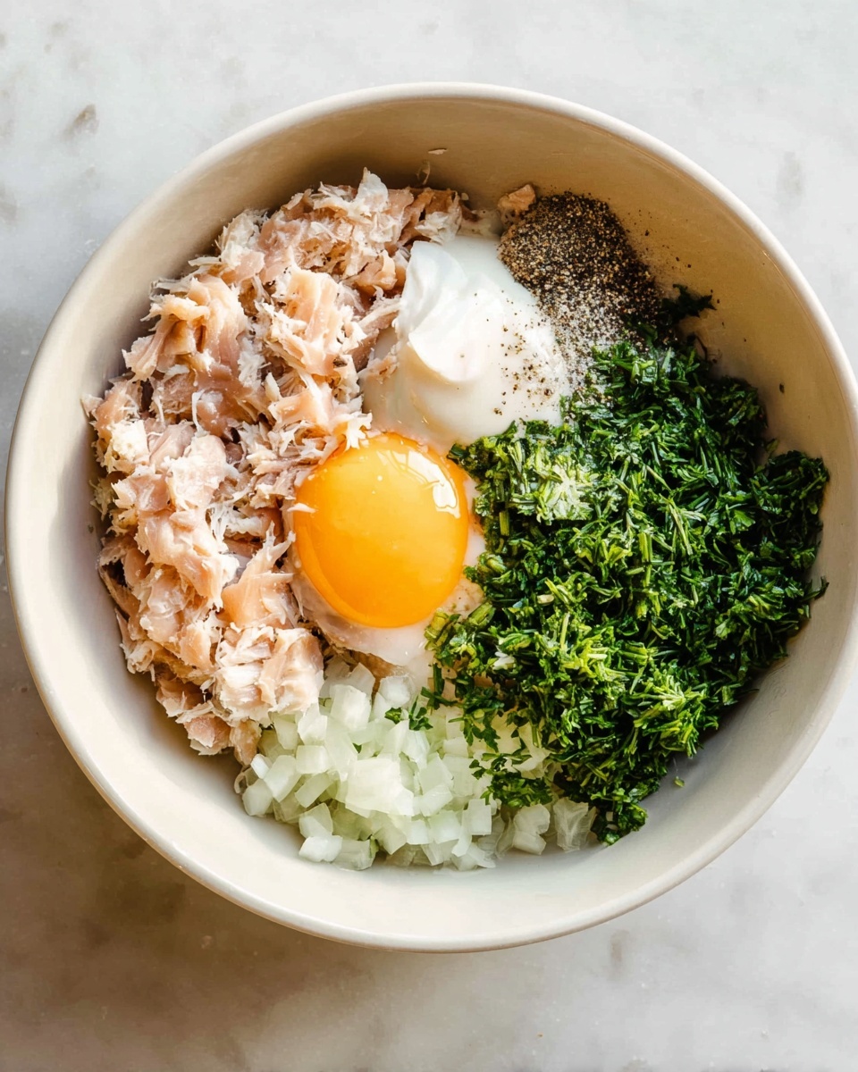 A white bowl sits on a white marbled surface filled with layered ingredients arranged neatly without mixing. At the center is a layer of light pink shredded fish or meat, topped on one side by a raw egg yolk with clear white surrounding it. Near the yolk is a dollop of smooth white mayonnaise. On one side of the shredded item are bright green chopped herbs including dill, parsley, and chives, while finely chopped translucent white onions sit at the bottom. A pinch of coarse black pepper and salt rest near the top edge, completing the mixture. photo taken with an iphone --ar 4:5 --v 7
